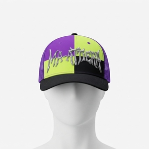 Men's <b>Purple</b> Lime Green Trucker Cap Custom Embroidered Logo Mesh Back Baseball <b>Hat</b> Adjustable Two Tone Streetwear - Product Image 3