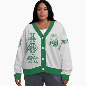 Cardigan tricoté personnalisé pour femmes Iota Phi Lambda, blanc et vert émeraude, avec lettres, blason, numéro et année, boutonné sur le devant - Product Image 1