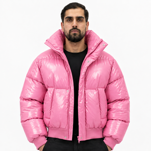 Chaqueta Acolchada Rosa para Hombre, Cuello Alto, Cierre de Cremallera, Relleno Grueso de Poliéster, Estilo Casual de Invierno, Corte Holgado, Color Sólido, Transpirable - Product Image 1