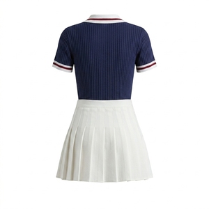 Women's One <b>Set</b> Pickleball Court Wear Ribbed Sports Polo Short Sleeve High-Waisted Crisp Knife Pleated Skirt Combo Breathable - Product Image 3