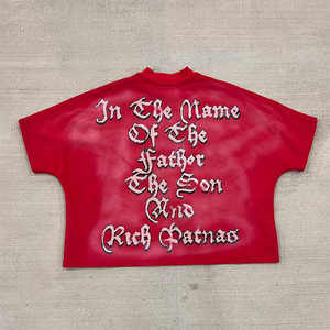 เสื้อยืดแขนสั้นสีแดงทรงโอเวอร์ไซส์สำหรับผู้ชาย Rich Path ลายพิมพ์รูปภาพด้านหน้า สไตล์สตรีท คอกลม ผ้าถัก 100% คอตตอน - Product Image 3