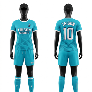 ชุดฟุตบอลพรีเมียม โพลีเอสเตอร์ 180 GSM สีขาวเทอร์ควอยซ์ แขนเสื้อแบบแร็กแลน พร้อมโลโก้แบบซับลิเมชั่นสั่งทำพิเศษ - Product Image 6