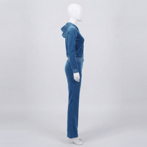 Ensemble de survêtement pour femme en velours bleu uni avec broderies, coupe ajustée, longueur intégrale, décontracté, hiver, 100% coton - Product Image 2