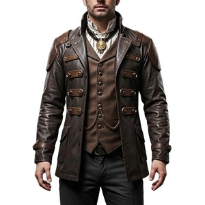 Chaqueta de Cuero Marrón Vintage para Hombre, Cuello Camisero con Doble Botonadura y Cadenas, Manga Regular, Estilo Otoñal - Product Image 1