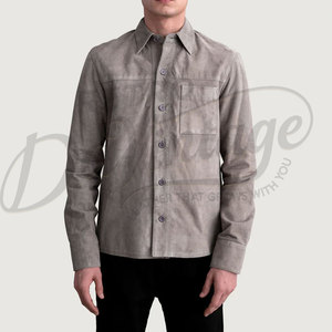 เสื้อแจ็คเก็ตหนังกลับสีเทาสำหรับผู้ชาย หนังแกะแท้ ทรงเข้ารูป สไตล์ลำลอง ติดกระดุม น้ำหนักเบา มีกระเป๋าหน้าอก - Product Image 5