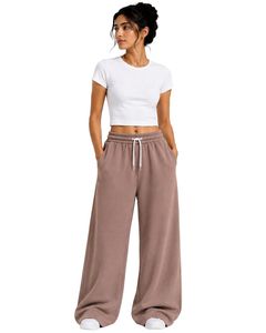 Custom Taupe Women <b>Wide</b> <b>Leg</b> <b>Sweatpants</b> High Waist Loose Fit Casual Streetwear Lounge Fleece Trousers With <b>Drawstring</b> Pockets - Product Image 1