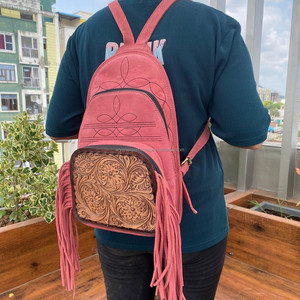 กระเป๋าถือหนังกลับสีชมพูสำหรับผู้หญิงกระเป๋าสะพายข้างและกระเป๋าเป้สะพายหลังมีขอบดอกไม้ตะวันตก - Product Image 2