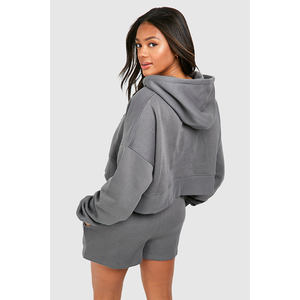 Ensemble 2 pièces short et sweat à capuche en molleton 100 % coton pour femme, coupe oversize, épaules tombantes, manches courtes, longueur au-dessus du genou, avec ceinture et fermeture éclair – Vente en gros - Product Image 2