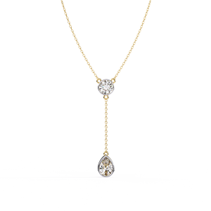 Two Stone Pear And Round Bezel Set Diamond Dangle Charms on Dainty Lariat <b>Necklace</b> Lab Diamond <b>Necklace</b> 10K 14K 18K Yellow Gold - Product Image 1