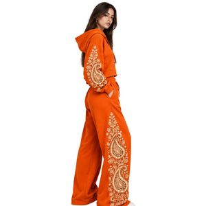 Bright Orange Women Paisley Print Crop Hoodie Wide Leg Pants Two Piece Tracksuit Trendy Streetwear Loose Fit <b>Jogger</b> <b>Matching</b> <b>Set</b> - Product Image 2