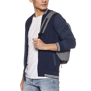 Chaqueta Bomber Azul Marino para Hombre con Ribete Blanco, Cierre de Cremallera, Estilo Casual, Mezcla de Poliéster y Algodón, Cuello Alto, para Otoño - Product Image 3