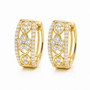 Boucles d'oreilles créoles de luxe en or jaune avec diamants ronds taille brillant, motif floral, sertissage à griffes, bijoux de mariage pour femme - Product Image 2