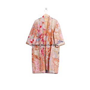 Indian Handmade 100% Organic Cotton Kantha Quilted Winter Autumn Reversible Pattern Hand <b>Block</b> Vintage Kimono Jacket - Product Image 1