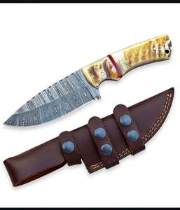 Couteau d'extérieur artisanal en acier Damas, manche en corne de cerf, travail de finition sur le dos, étui en cuir - Product Image 3