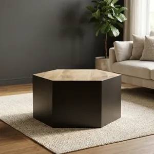 Mesa de Centro Geométrica Hexagonal con Tapa de Madera de Fresno y Base de Metal Negro, Mueble Moderno para Sala de Estar - Product Image 3