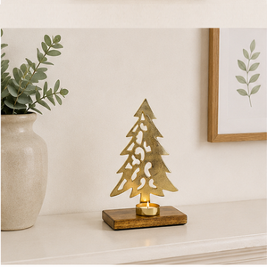 Luxury Golden Aluminium Christmas Tree Tealight Candle Holder On Mango Wood Base Handcrafted Festive Ornament for Holiday Table - Product Image 4