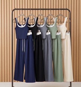 Ensemble 2 pièces pour femmes, col carré, haut court, pantalon large, coupe décontractée, 100% coton, printemps été, couleur unie, tenue tricotée - Product Image 4