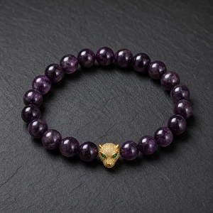 Bracelet en perles rondes en pierre naturelle, micro-pavé CZ, charme animal, tête de léopard panthère, élastique, extensible, pour homme et femme - Product Image 5