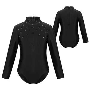 Maillot de Patinaje Artístico de Manga Larga con Pedrería Negra, Transpirable, Ligero, de Poliéster y Spandex, para Mujer, Cuello Alto, para Gimnasia y Danza - Product Image 1