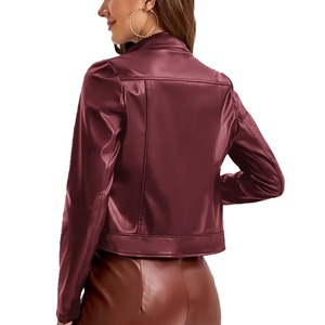 Veste moto en cuir PU bordeaux pour femme, manches longues, fermeture éclair, col rabattu, longueur courte, couleur unie, style automne - Product Image 4