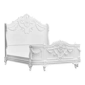 Cadre de lit antique en bois d'acajou avec des sculptures luxueuses et une finition blanche pour une utilisation en intérieur - Product Image 1