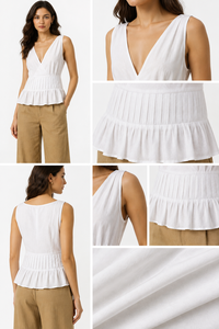 Women's Bohemian 2-Piece Eco-Friendly <b>Linen</b>/Cotton Wrap Peplum Top Wide Leg Pants <b>Set</b> White Beige Sleeveless All Seasons - Product Image 2