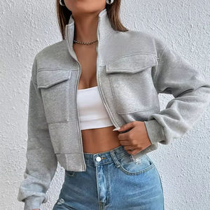 Short Acid Wash <b>Zip</b>-<b>Up</b> Front Hoodie Women Fleece Polyester/Cotton Blend Breathable Eco-Friendly Casual Winter Slim Fit Jacket - Product Image 2