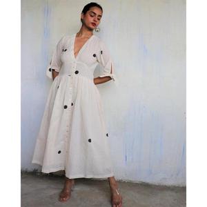 Vestido Mini de Algodón Tejido a Cuadros Blanco para Mujer, Cuello en V, Manga Abullonada, Ecológico, Lavable, Estilo Bohemio, Cintura Natural, para Verano - Product Image 1