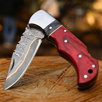 Cuchillo Plegable Utilitario de Acero Damasco y Cobre con Bloqueo Trasero, Funda de Madera Pakka, Personalizado Cu Mai, Grado Industrial, de Bolsillo, EDC, para Caza