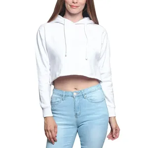 Sudadera Corta con Capucha para Mujer, Color Blanco Sólido, Manga Larga, Tejido de Algodón, Estilo Casual de Primavera - Product Image 3