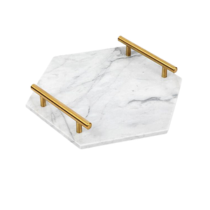 Hexagon Shape Food Serving <b>Tray</b> In Marble White Color Top Quality <b>Kitchen</b> Tableware Food <b>Tray</b> With Gold Metal Handles - Product Image 1