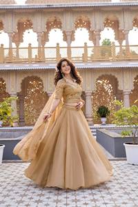 Gold Embroidered Lehenga Choli Silk Wedding Party Outfit V Neck Half Sleeve Floor Length <b>Dress</b> for Women - Product Image 1