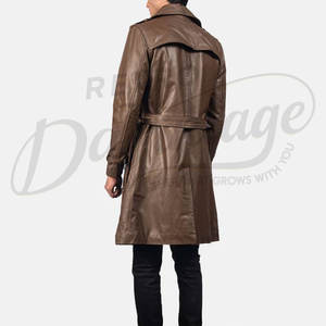 Abrigo de Cuero Genuino Marrón Personalizado para Hombre, Estilo Británico Clásico, Corte Entallado, Chaqueta de Invierno Larga con Doble Botonadura - Product Image 3