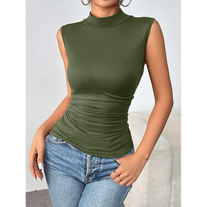 Body blanc sans manches à col roulé pour femme, coupe ajustée, extensible, élégant, en Spandex/Polyester, brodé, débardeur décontracté basique d'été - Product Image 2
