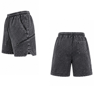 Men's 100% Cotton Solid Acid Washed French Terry Fleece Eco-Friendly Anti-UV Quick Dry Sweat Shorts Sun Faded Raw Edges <b>Spray</b> - Product Image 4