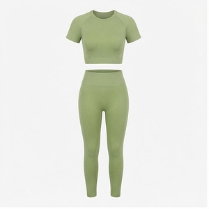 Ensemble de yoga vert 2 pièces : haut court à col rond et manches courtes, leggings taille haute pleine longueur, sans couture, respirant, vêtements de sport - Product Image 1