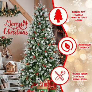 Albero di natale artificiale Premium 5ft 1113PE/PVC punte di rami misti rosso frutta pigna incernierata Base pieghevole per vacanza al coperto - Product Image 5