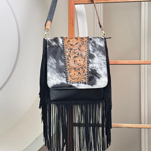 Women's Handmade Cowhide Fringe <b>Crossbody</b> <b>Bag</b> with Hand Tooled Leather Flap Adjustable Strap Spacious Interior Shoulder Handbags - Product Image 4