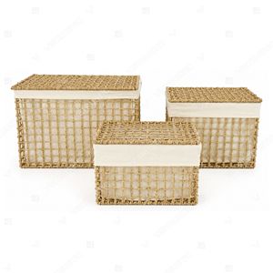 Panier de rangement rectangulaire en jonc de mer écologique rustique avec couvercle et doublure en tissu, ensemble de paniers tissés à grille multi-usages pour la maison - Product Image 2