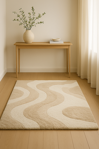 Contemporary Ivory Beige Curved Pattern Hand <b>Tufted</b> Area <b>Rug</b> for Elegant Bedroom Lounge and Home Decor - Product Image 4