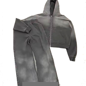 Ensemble survêtement femme personnalisé léger délavé à l'acide, pantalon évasé et sweat à capuche, broderie streetwear, strass, hiver - Product Image 1