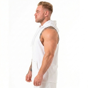 Prix d'usine, logo personnalisé, débardeur à capuche sans manches pour homme, couleur unie, tricoté, vêtements décontractés avec poches - Product Image 3