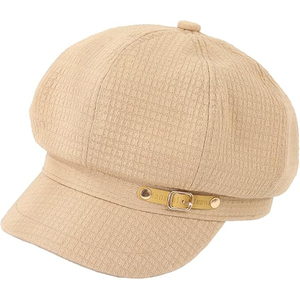 Casquette octogonale beige texturée gaufrée pour femme, style minimaliste, avec ceinture en cuir et boucle dorée, visière souple, 100% laine respirante - Product Image 3