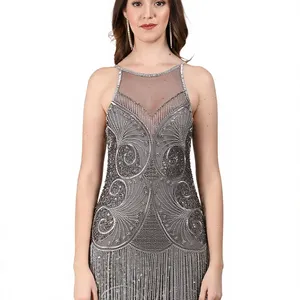 Robe de soirée vintage des années 1920, style flapper, luxueuse, à franges perlées, col illusion transparent, paillettes scintillantes, courte, idéale pour une soirée Great Gatsby - Product Image 6