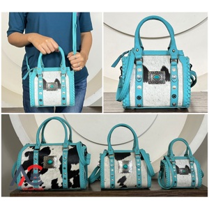 Vintage Western Hair On Cowhide <b>Leather</b> Mini Speedy Bag with Studded Genuine <b>Tooled</b> <b>Leather</b> Handmade Travel Handbag for Unisex - Product Image 1