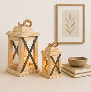 Handcrafted Rustic Wooden Candle <b>Lantern</b> Set with Rope Handle Vintage Farmhouse Decorative Floor <b>Lantern</b> for <b>Indoor</b> Outdoor - Product Image 6