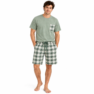Conjunto de Pijama de Verano para Hombre, Transpirable, de Algodón y Elastano, Camiseta de Manga Corta y Pantalones Cortos, Color Verde, Talla Grande, Liso - Product Image 1