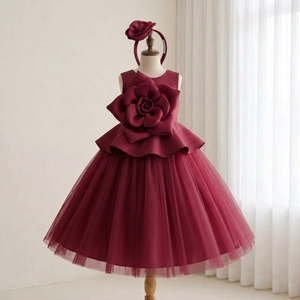 Vestido TutuPetti para niñas de tul satinado rosa empolvado con rosa gigante y diadema, largo hasta la rodilla, corte en A, para cumpleaños o bodas - Product Image 4