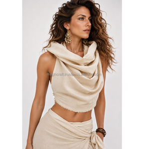 Haut court à nouer en coton et chanvre style bohème indien pour femme, idéal pour les vacances d'été, haut court à nouer sur le devant, style bohème hippie pour la plage - Product Image 3