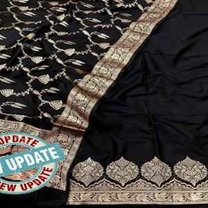 Traje de seda semikatan Banarasi tejido a mano con borde dorado y diseño tradicional Buta para mujer, ideal para fiestas, protección solar y secado rápido. - Product Image 1